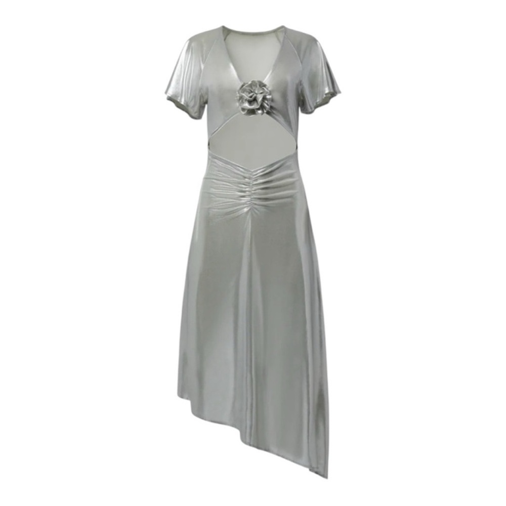 WeWoreWhat Asymmetrical Cutout MIDI Dress, Liquid Foil Silver Size M - Reemoly